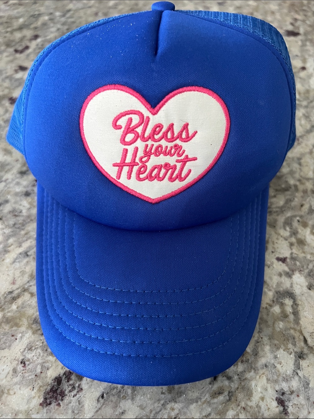 Women’s hat. Bless your heart detail on front.
